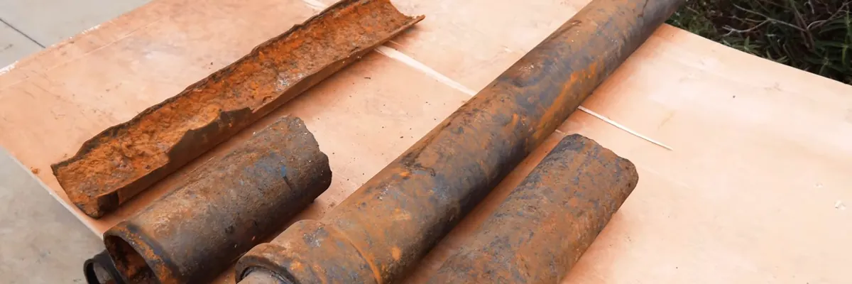Wide view of aged cast iron drain pipe with visible corrosion for Cast Iron Drain Repair service in Mechanicsburg