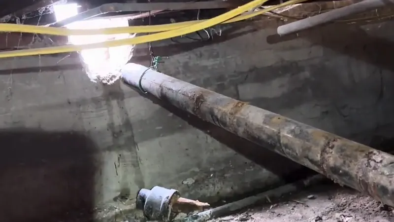 Close view of crawlspace drain pipe repair below a home for plumbing service in Good Hope