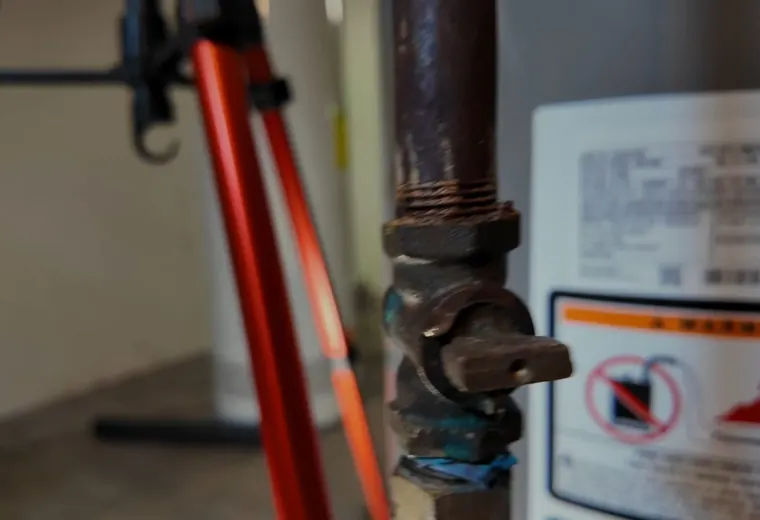 Gas line valve and appliance connection being serviced for Water Heater Repair Replacement service in Mechanicsburg