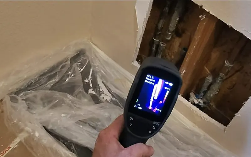 Close view of leak detection equipment checking an exposed water line for Leak Detection service in Mechanicsburg