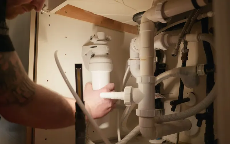 Close view of under-sink reverse osmosis filter system with tubing for Reverse Osmosis Installation service in Mechanicsburg