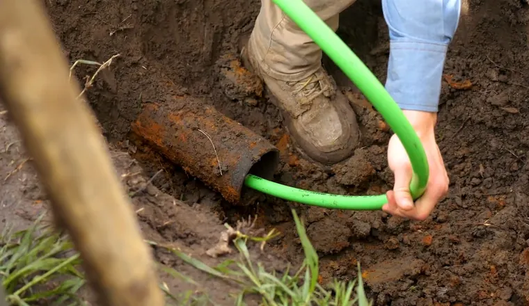 Open sewer lateral repair with pipe exposed in the ground for Spring Sewer Backup Prevention