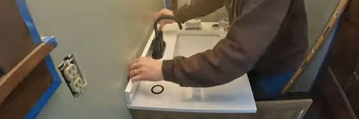 Wide view of sink faucet connection being repaired at the fixture for Faucet Repair Replacement service in Mechanicsburg